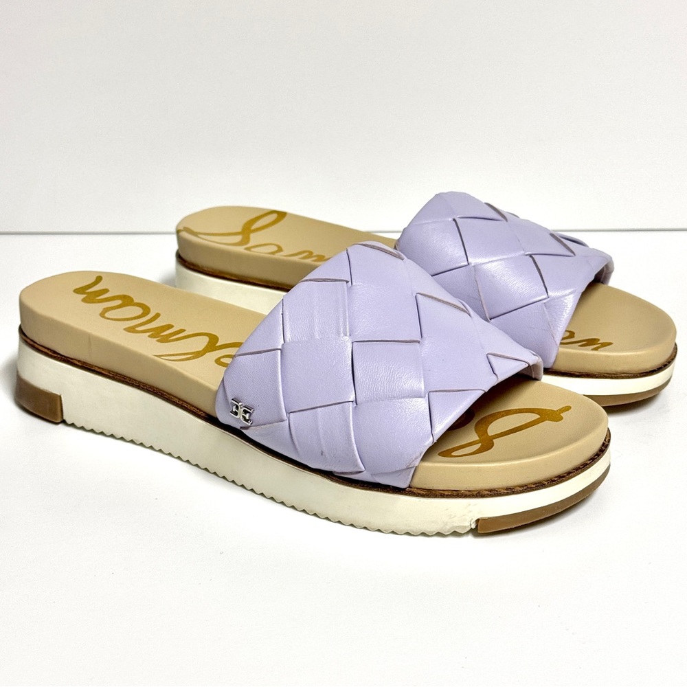 Sam Edelman Adaley Leather Slides Womens 7.5M Lilac Purple Woven Platform Sandal